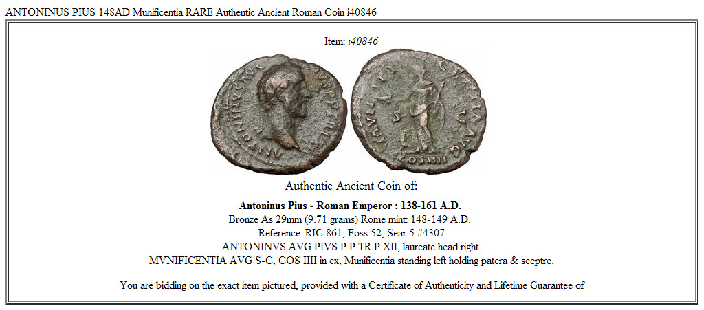 ANTONINUS PIUS 148AD Munificentia RARE Authentic Ancient Roman Coin i40846