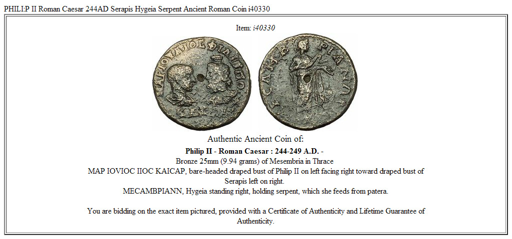 PHILI:P II Roman Caesar 244AD Serapis Hygeia Serpent Ancient Roman Coin i40330