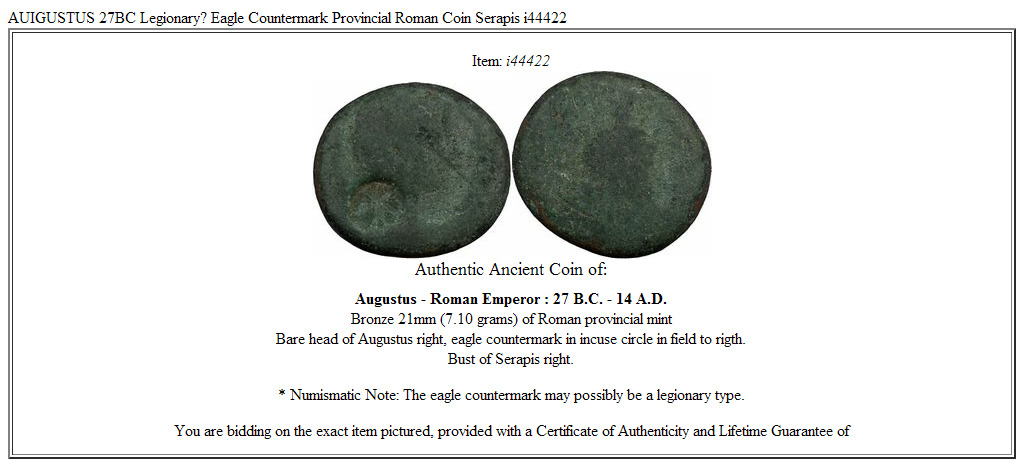 AUIGUSTUS 27BC Legionary? Eagle Countermark Provincial Roman Coin Serapis i44422