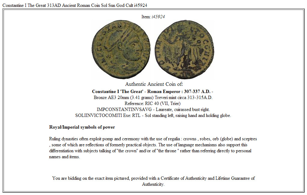 Constantine I The Great 313AD Ancient Roman Coin Sol Sun God Cult i45924
