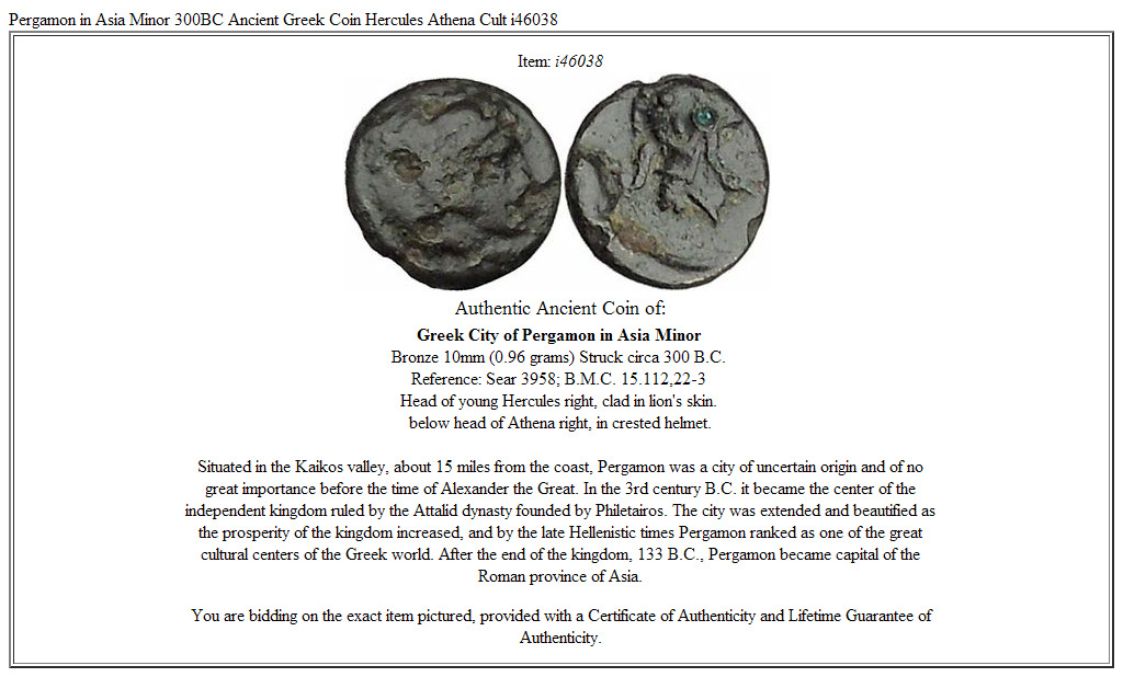 Pergamon in Asia Minor 300BC Ancient Greek Coin Hercules Athena Cult i46038