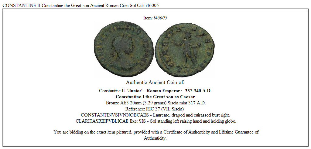 CONSTANTINE II Constantine the Great son Ancient Roman Coin Sol Cult i46005