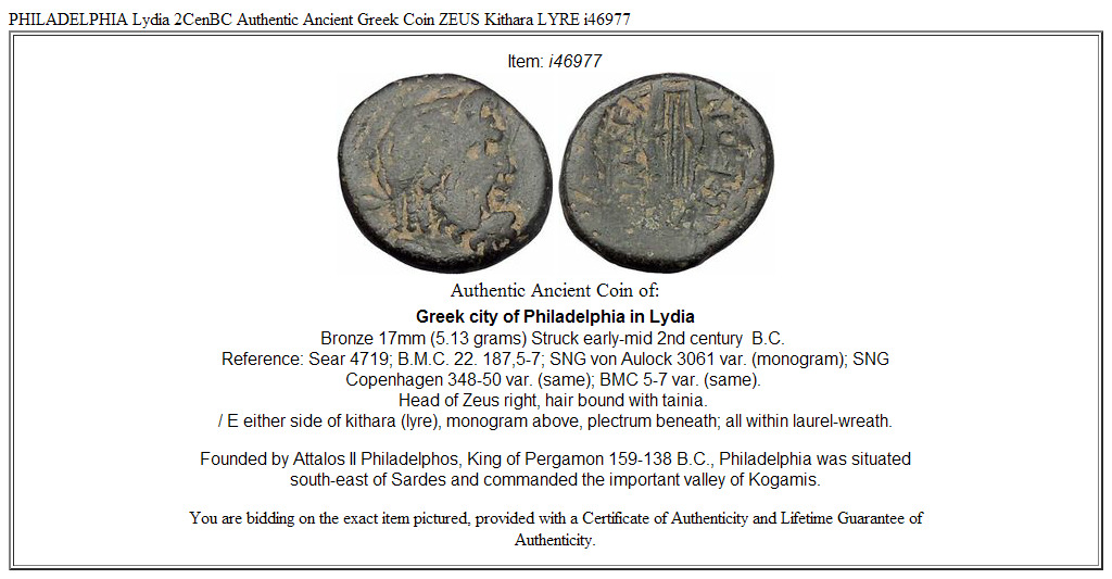 PHILADELPHIA Lydia 2CenBC Authentic Ancient Greek Coin ZEUS Kithara LYRE i46977