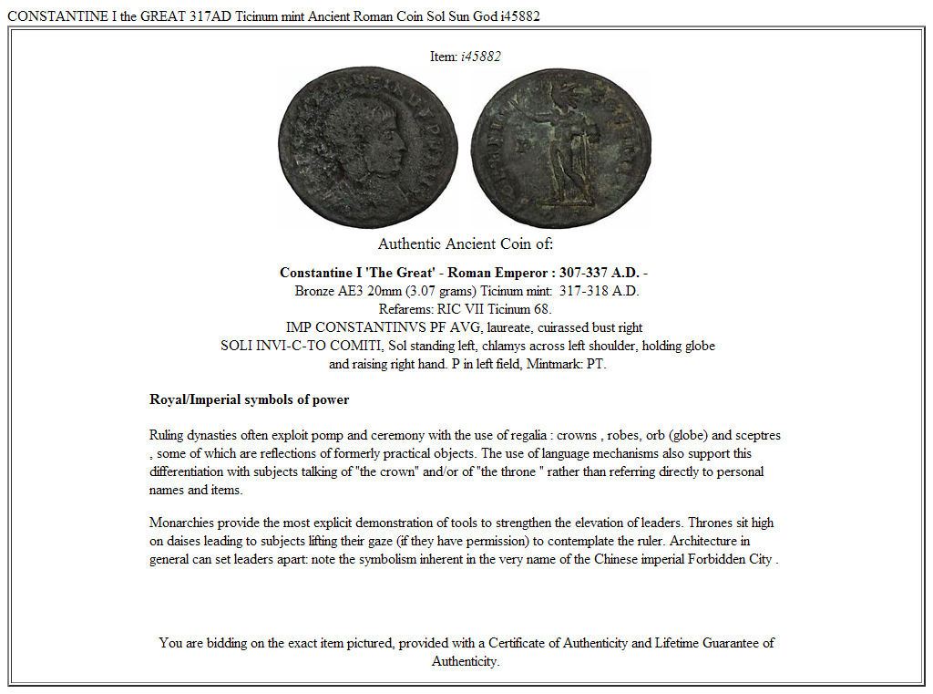 CONSTANTINE I the GREAT 317AD Ticinum mint Ancient Roman Coin Sol Sun God i45882