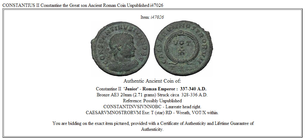 CONSTANTIUS II Constantine the Great son Ancient Roman Coin Unpublished i47026