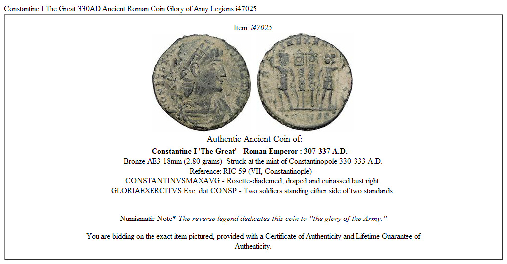 Constantine I The Great 330AD Ancient Roman Coin Glory of Arny Legions i47025