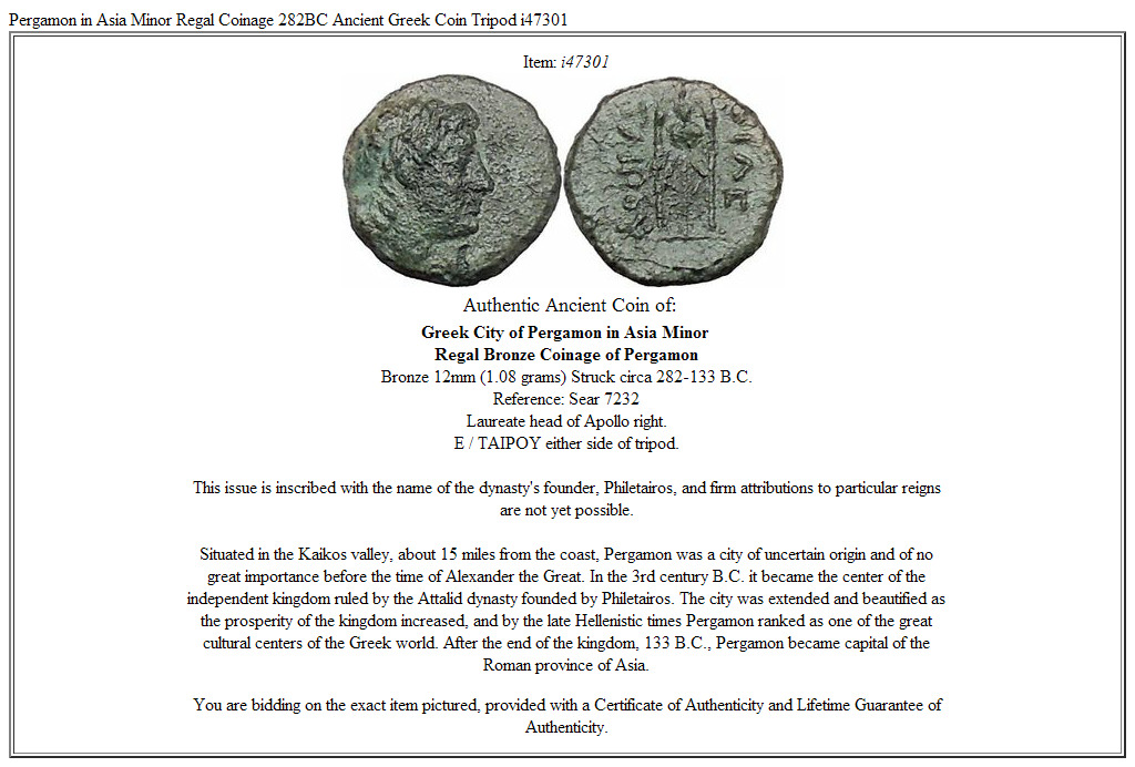 Pergamon in Asia Minor Regal Coinage 282BC Ancient Greek Coin Tripod i47301