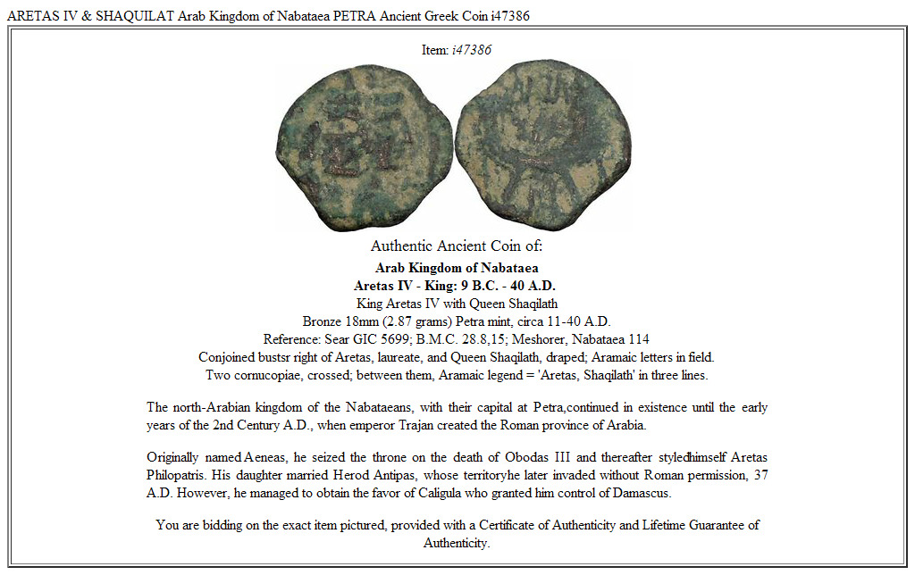 ARETAS IV & SHAQUILAT Arab Kingdom of Nabataea PETRA Ancient Greek Coin i47386