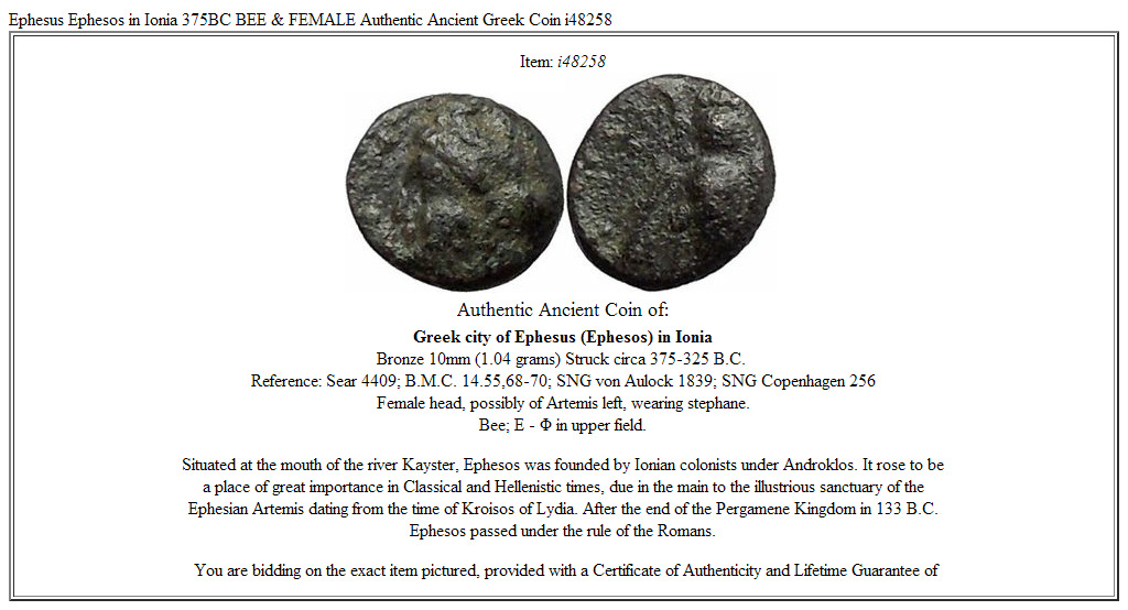 Ephesus Ephesos in Ionia 375BC BEE & FEMALE Authentic Ancient Greek Coin i48258