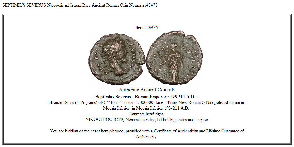 SEPTIMIUS SEVERUS Nicopolis ad Istrum Rare Ancient Roman Coin Nemesis i48478