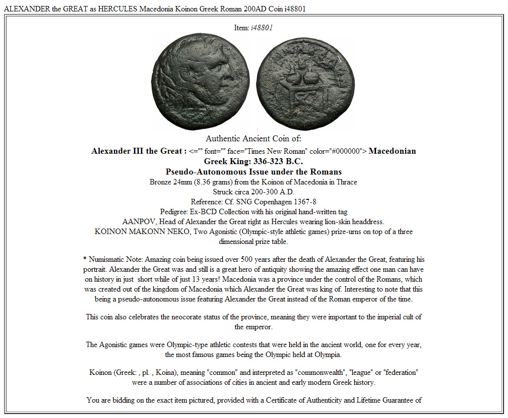ALEXANDER the GREAT as HERCULES Macedonia Koinon Greek Roman 200AD Coin i48801