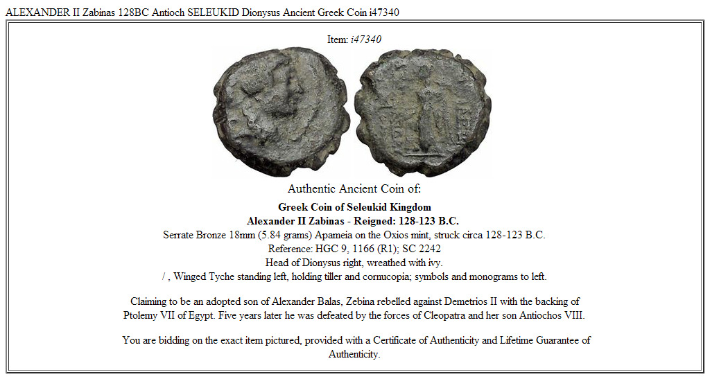 ALEXANDER II Zabinas 128BC Antioch SELEUKID Dionysus Ancient Greek Coin i47340