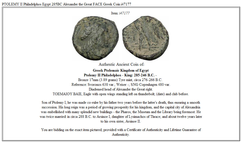PTOLEMY II Philadelphos Egypt 285BC Alexander the Great FACE Greek Coin i47177
