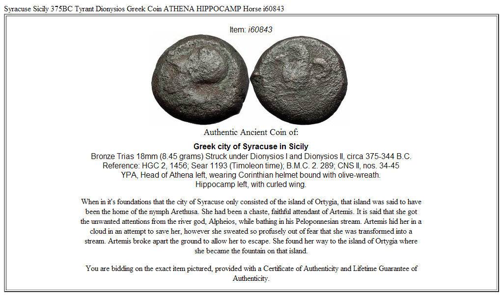 Syracuse Sicily 375BC Tyrant Dionysios Greek Coin ATHENA HIPPOCAMP Horse i60843