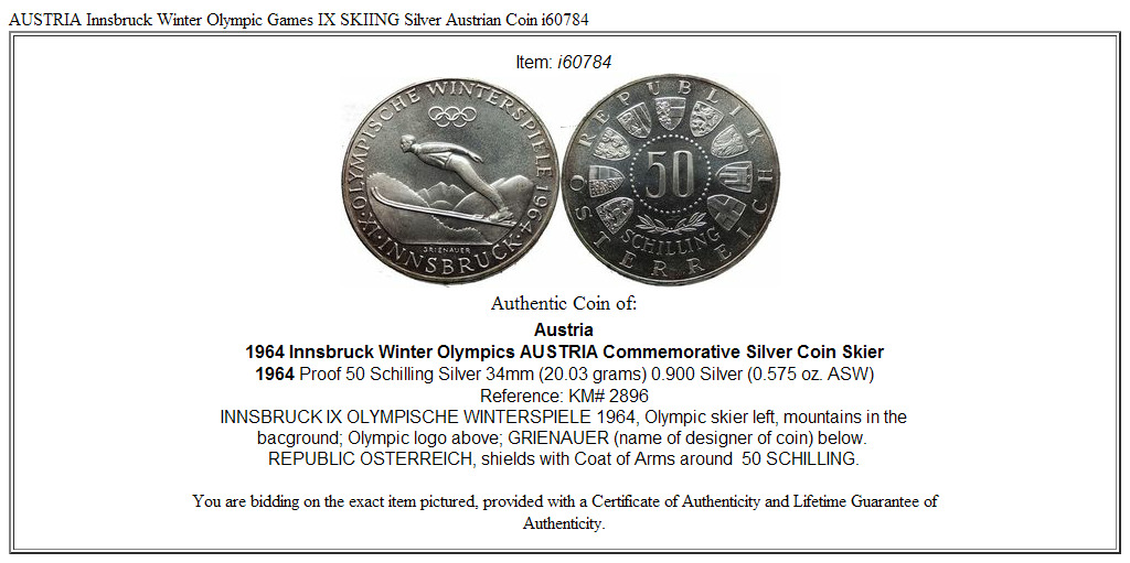 AUSTRIA Innsbruck Winter Olympic Games IX SKIING Silver Austrian Coin i60784