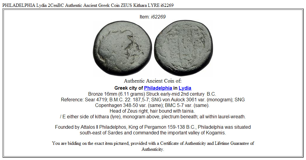 PHILADELPHIA Lydia 2CenBC Authentic Ancient Greek Coin ZEUS Kithara LYRE i62269