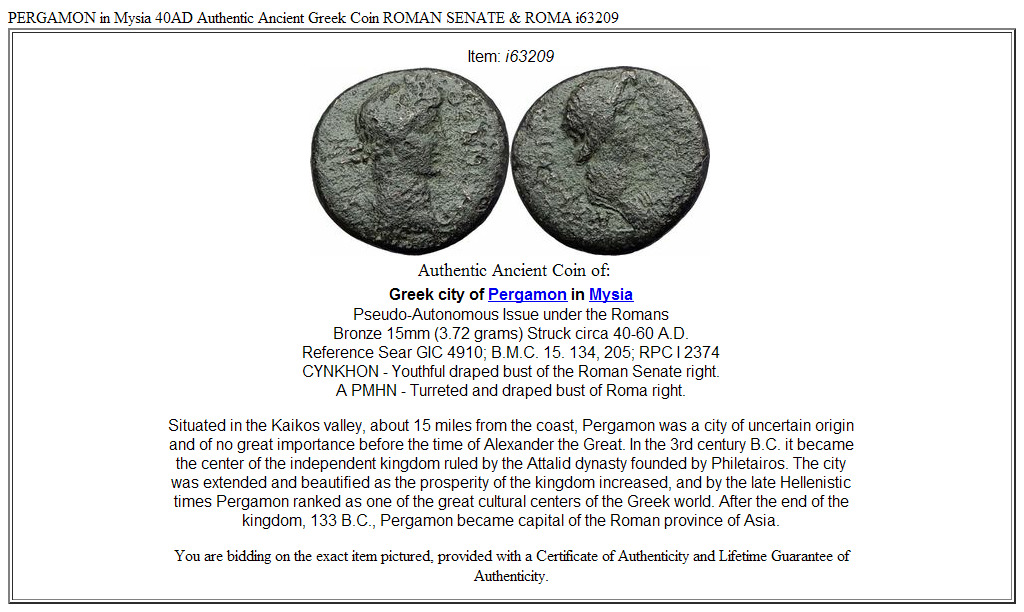 PERGAMON in Mysia 40AD Authentic Ancient Greek Coin ROMAN SENATE & ROMA i63209