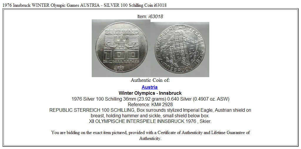 1976 Innsbruck WINTER Olympic Games AUSTRIA - SILVER 100 Schilling Coin i63018