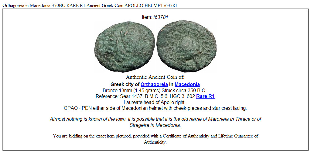 Orthagoreia in Macedonia 350BC RARE R1 Ancient Greek Coin APOLLO HELMET i63781