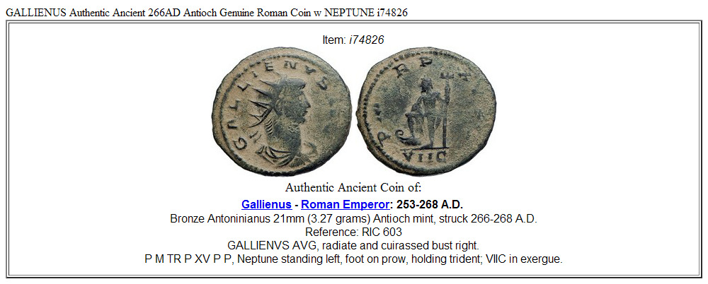 GALLIENUS Authentic Ancient 266AD Antioch Genuine Roman Coin w NEPTUNE i74826