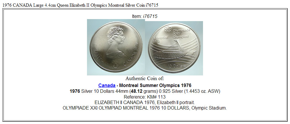 1976 CANADA Large 4.4cm Queen Elizabeth II Olympics Montreal Silver Coin i76715