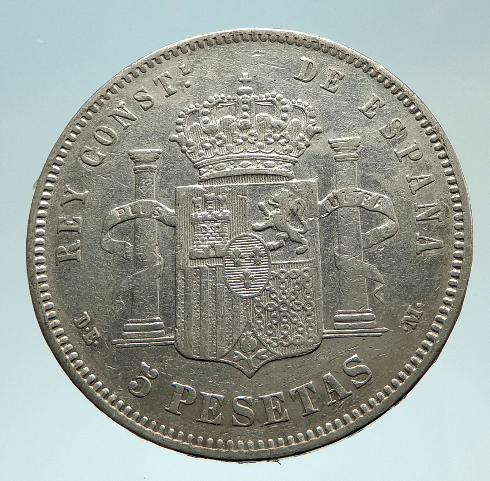 1877 SPAIN w King ALFONSO XII Antique Silver 5 Pesetas SPANISH Coin i76761