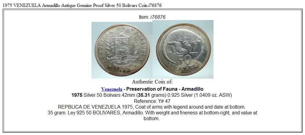 1975 VENEZUELA Armadillo Antique Genuine Proof Silver 50 Bolivars Coin i76876