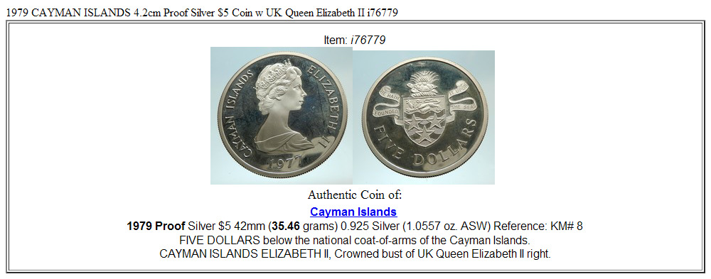 1979 CAYMAN ISLANDS 4.2cm Proof Silver $5 Coin w UK Queen Elizabeth II i76779