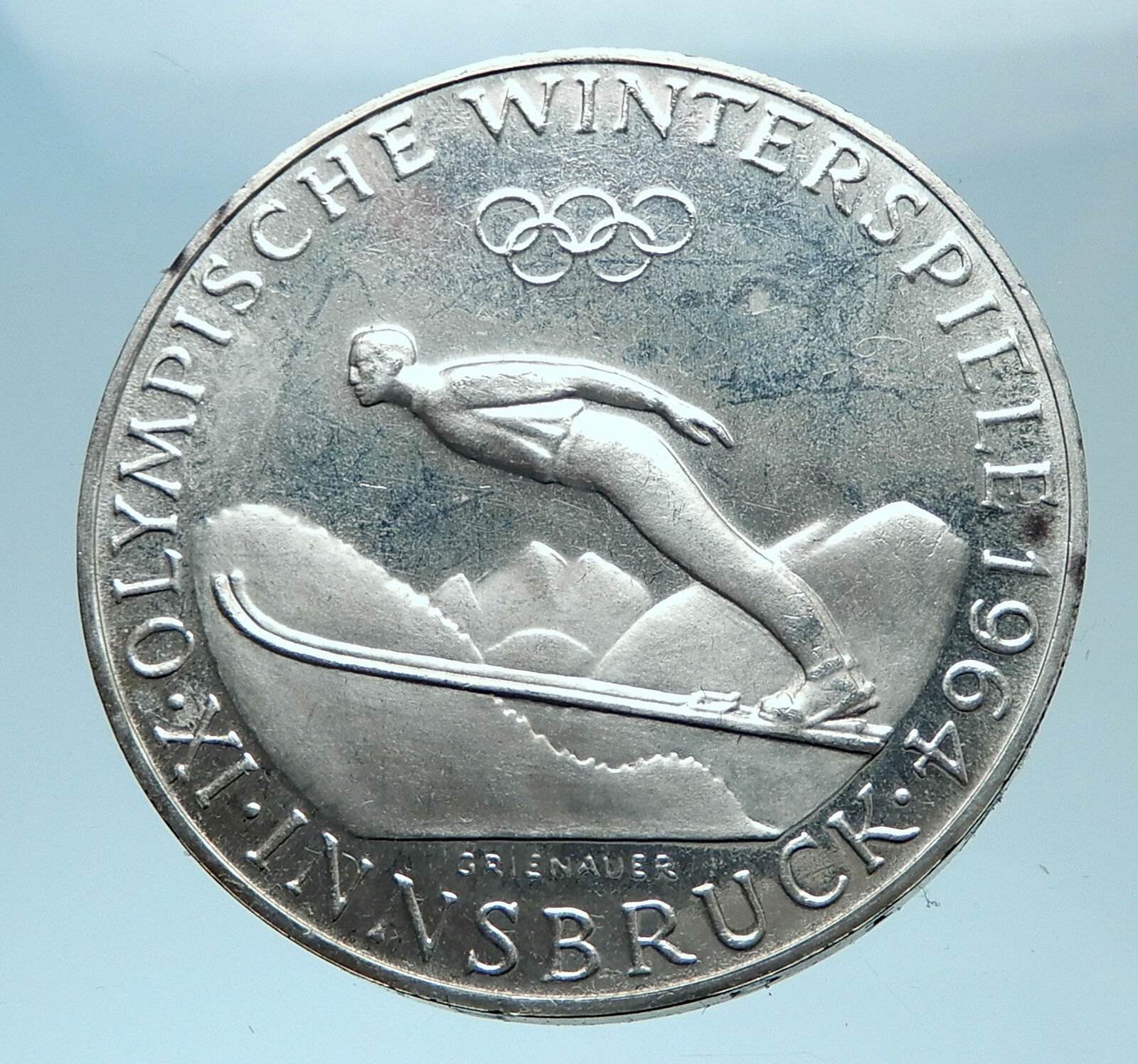 1964 AUSTRIA Innsbruck Winter Olympic Games SKIING Proof Silver 50S Coin i78028