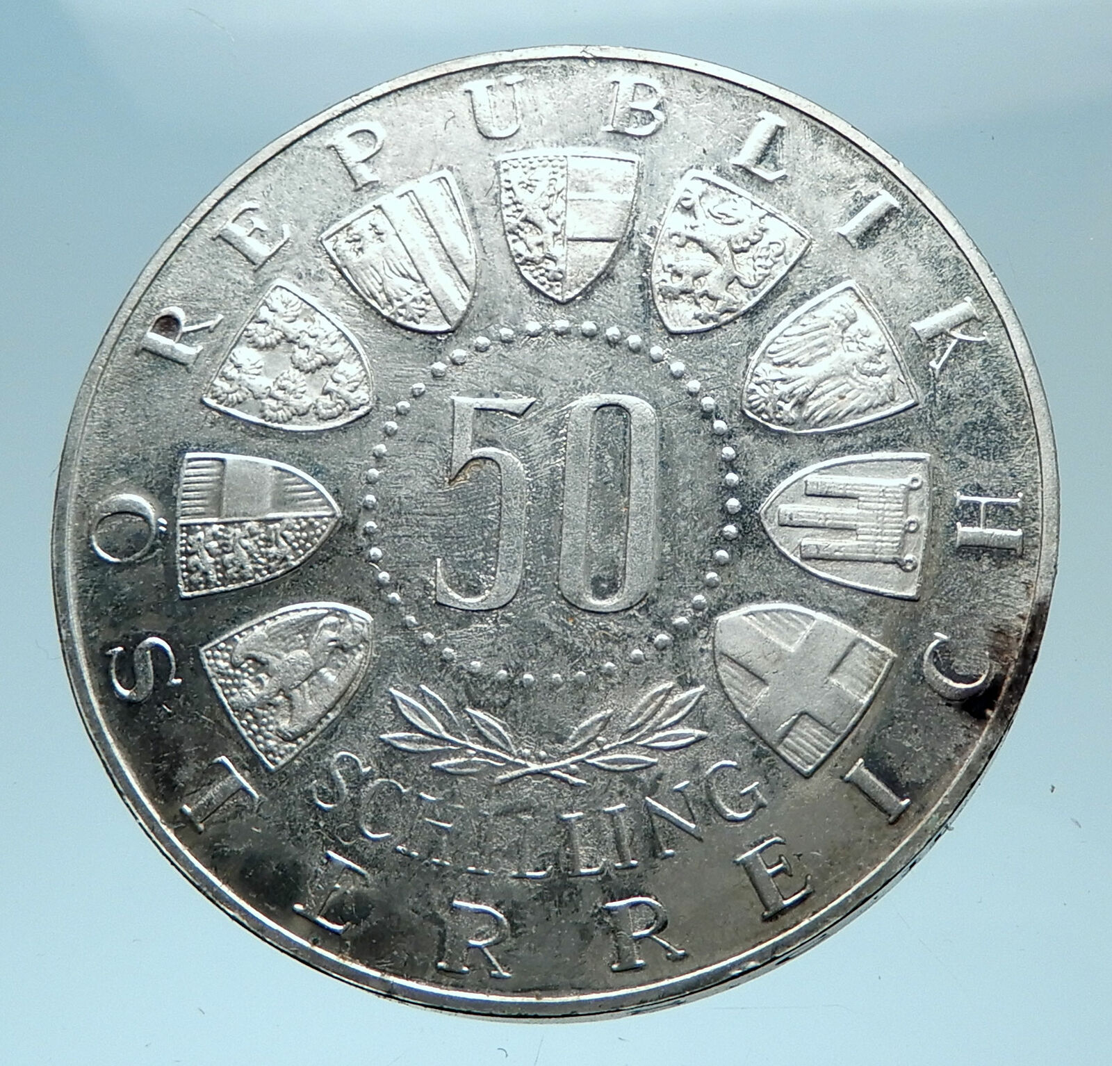 1964 AUSTRIA Innsbruck Winter Olympic Games SKIING Proof Silver 50S Coin i78028