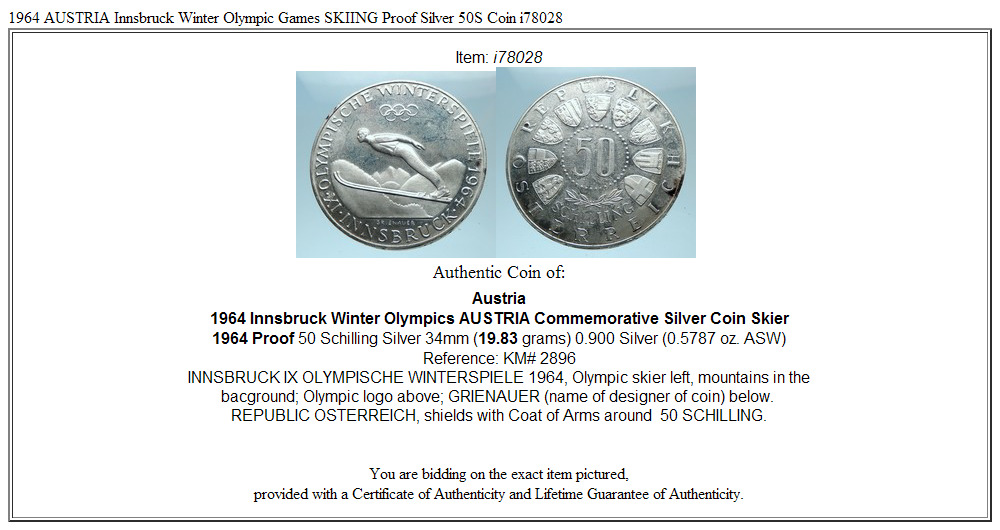 1964 AUSTRIA Innsbruck Winter Olympic Games SKIING Proof Silver 50S Coin i78028