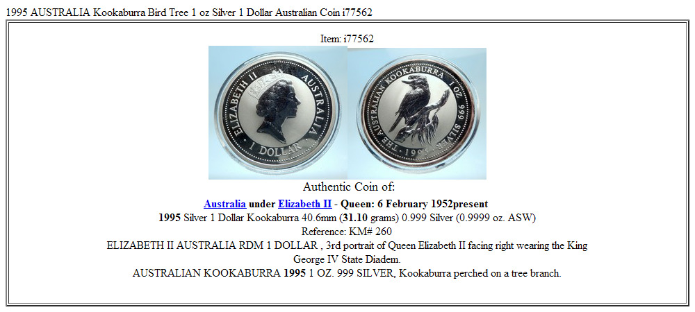 1995 AUSTRALIA Kookaburra Bird Tree 1 oz Silver 1 Dollar Australian Coin i77562