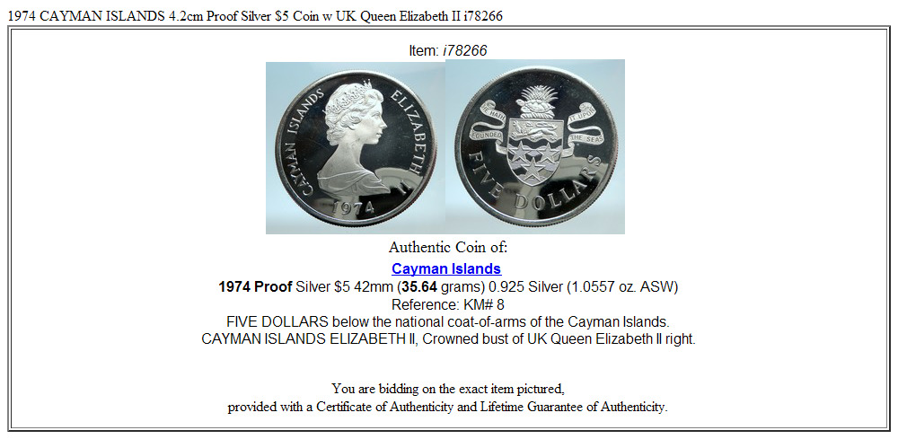 1974 CAYMAN ISLANDS 4.2cm Proof Silver $5 Coin w UK Queen Elizabeth II i78266