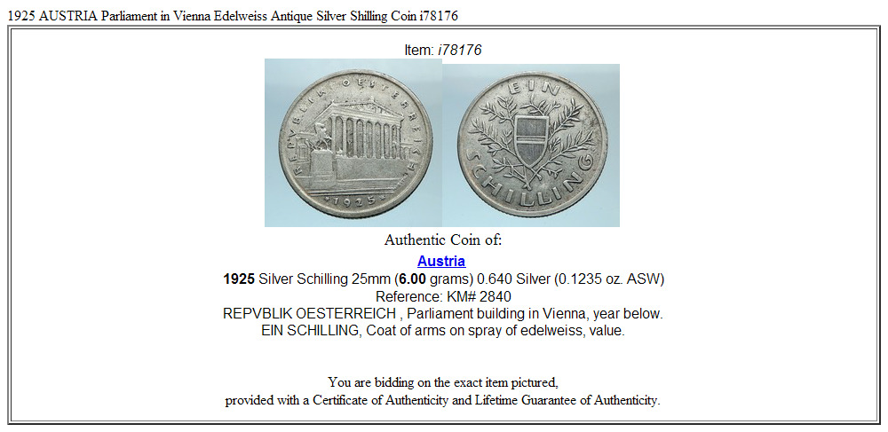 1925 AUSTRIA Parliament in Vienna Edelweiss Antique Silver Shilling Coin i78176