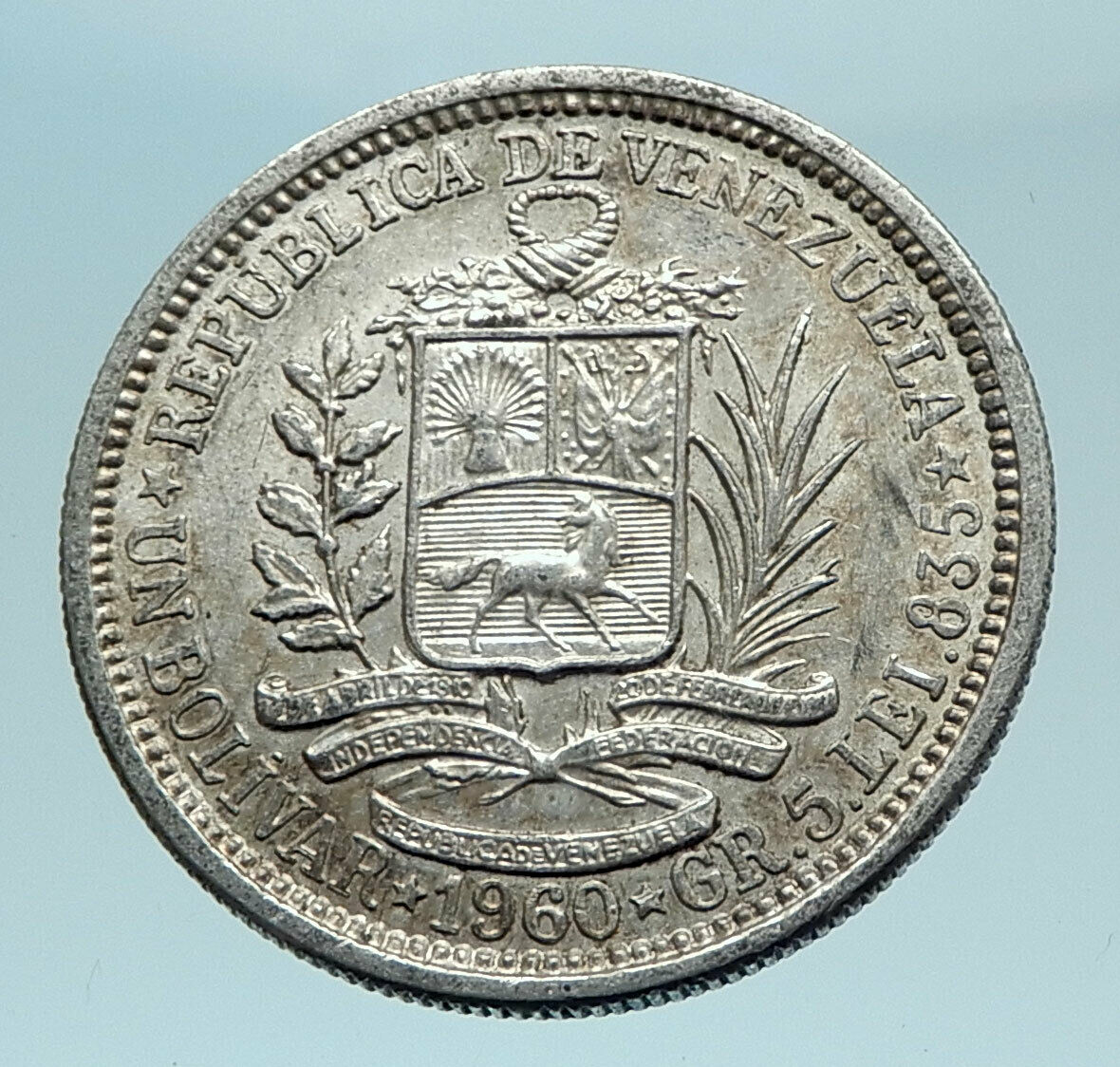 1960 Freemason President Simon Bolivar VENEZUELA Founder Silver 1B Coin i78621