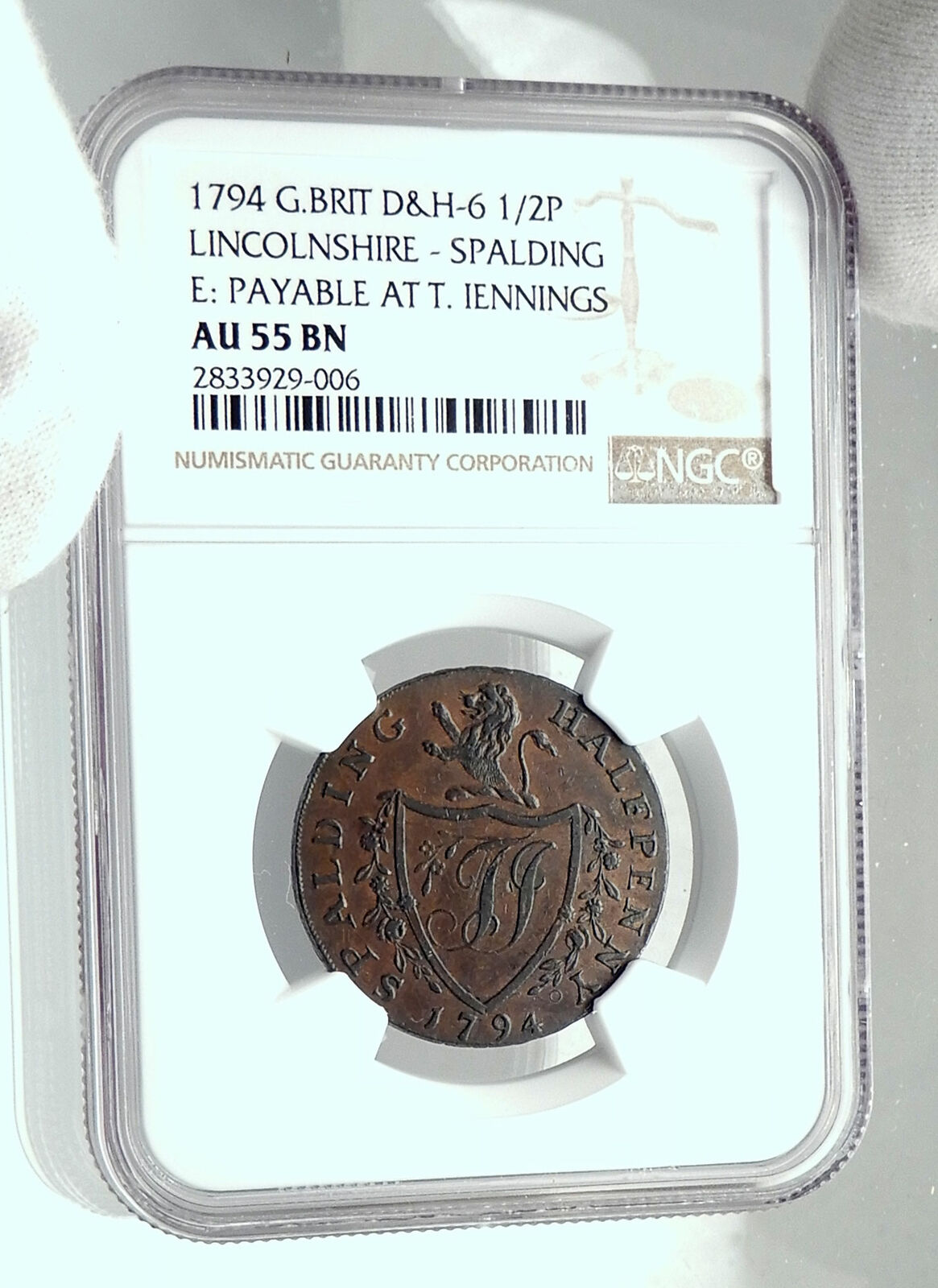 1794 ENGLAND Lincolnshire CONDER TOKEN 1/2 Penny Coin w BRITANNIA NGC i79201