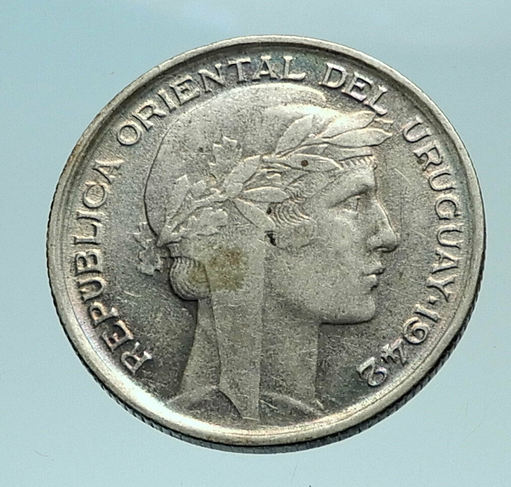 1942 URUGUAY Vintage WWII Time Wheat Antique Genuine Silver 20 CENT Coin i79476