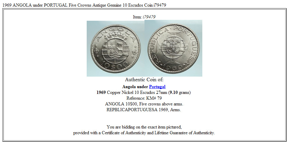 1969 ANGOLA under PORTUGAL Five Crowns Antique Genuine 10 Escudos Coin i79479