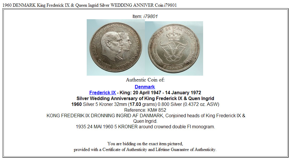 1960 DENMARK King Frederick IX & Queen Ingrid Silver WEDDING ANNIVER Coin i79801