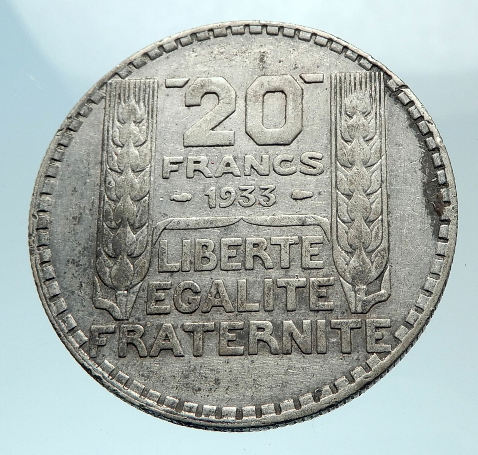 1933 FRANCE Authentic Large Silver 20 Francs Vintage French MOTTO Coin i78796