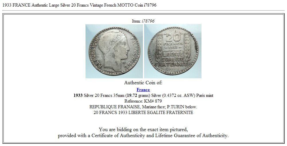 1933 FRANCE Authentic Large Silver 20 Francs Vintage French MOTTO Coin i78796