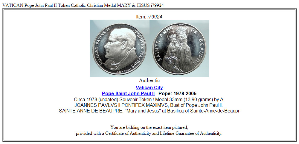 VATICAN Pope John Paul II Token Catholic Christian Medal MARY & JESUS i79924