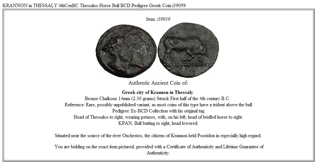 KRANNON in THESSALY 4thCenBC Thessalos Horse Bull BCD Pedigree Greek Coin i39059