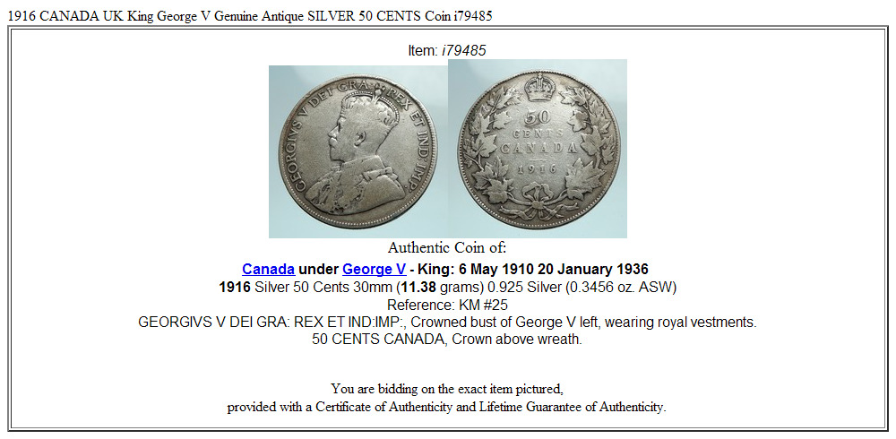 1916 CANADA UK King George V Genuine Antique SILVER 50 CENTS Coin i79485