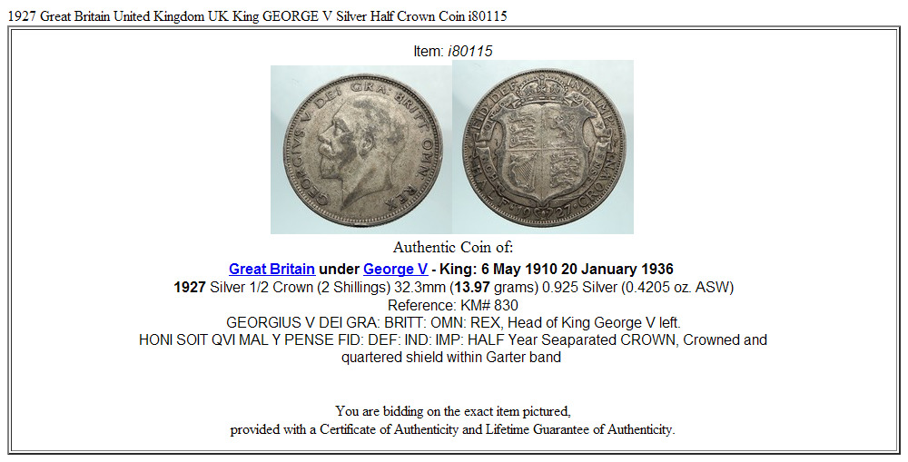 1927 Great Britain United Kingdom UK King GEORGE V Silver Half Crown Coin i80115