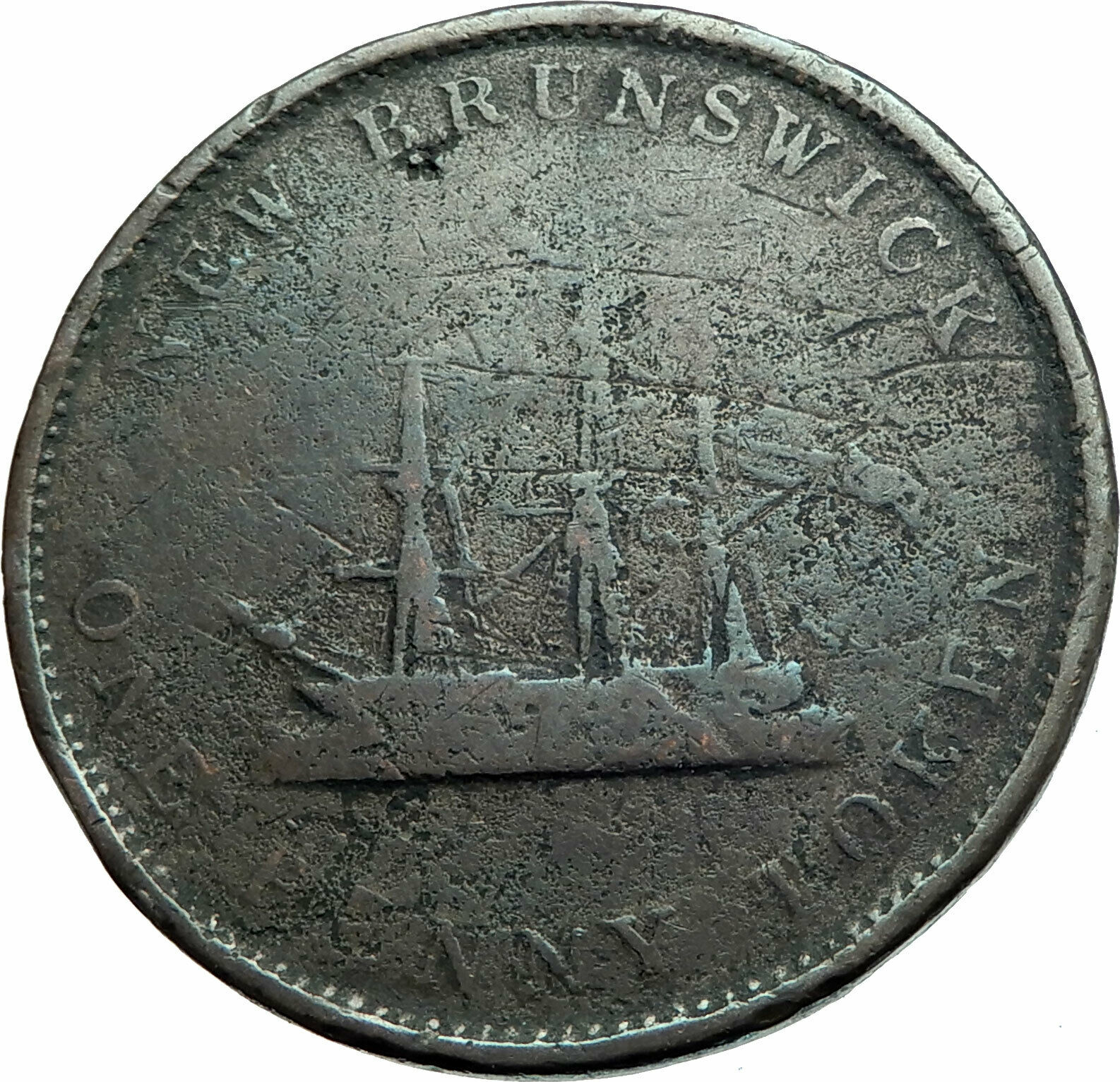 1843 CANADA New Brunswick British UK Queen VICTORIA HMS Ship Penny Token i79494