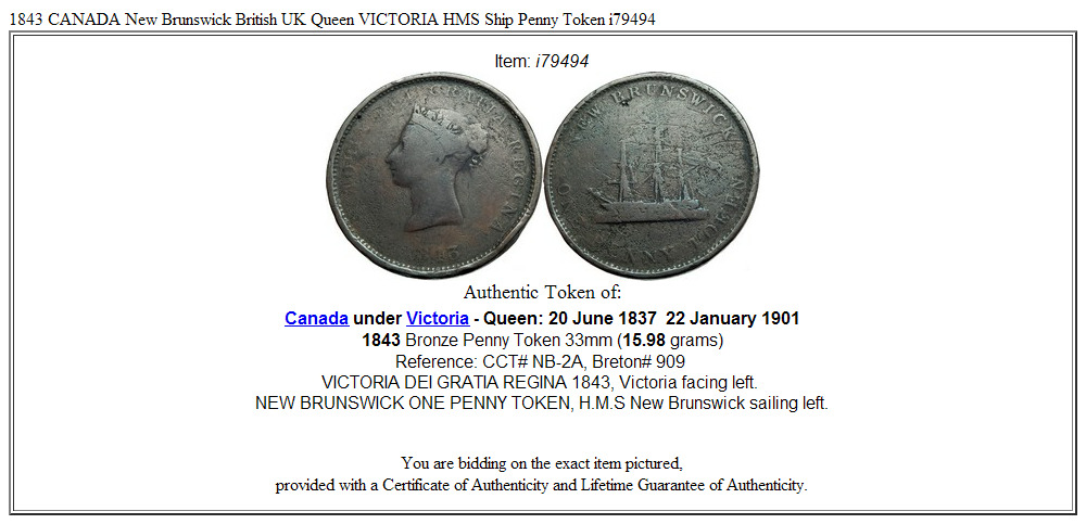 1843 CANADA New Brunswick British UK Queen VICTORIA HMS Ship Penny Token i79494