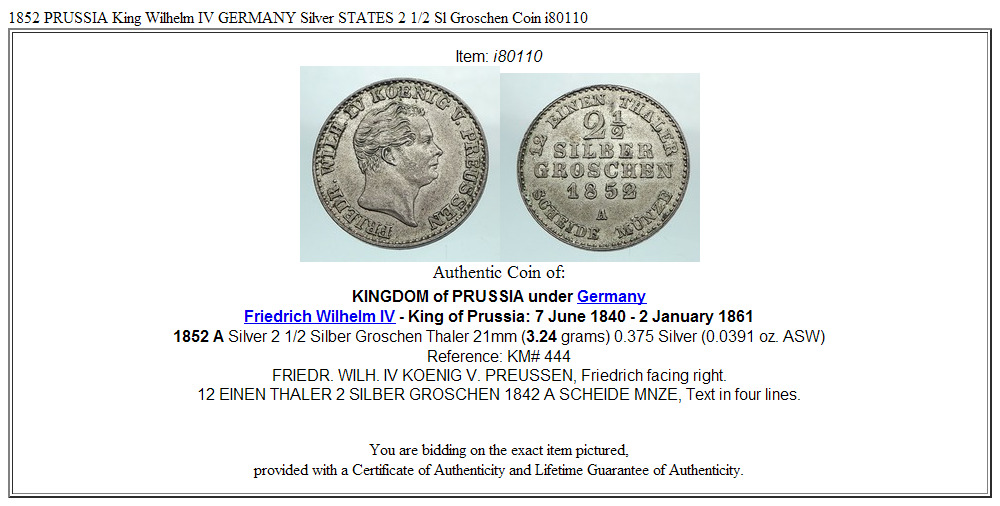 1852 PRUSSIA King Wilhelm IV GERMANY Silver STATES 2 1/2 Sl Groschen Coin i80110