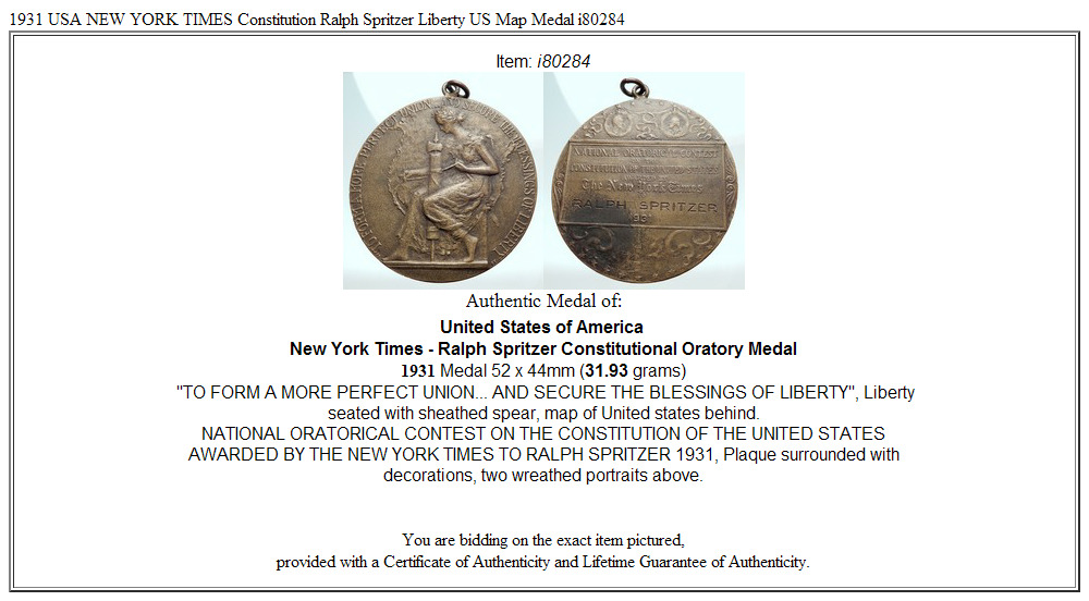 1931 USA NEW YORK TIMES Constitution Ralph Spritzer Liberty US Map Medal i80284