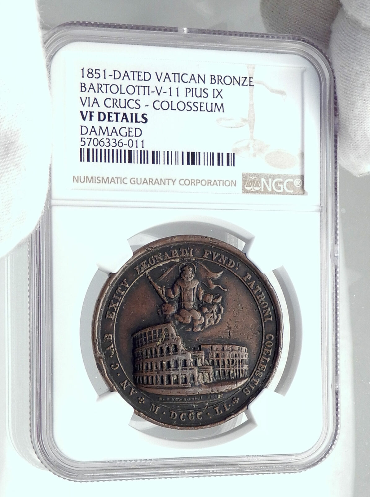 1851 ITALY Vatican Pope Pius IX Antique Medal Via Crucs & COLOSSEUM NGC i81260